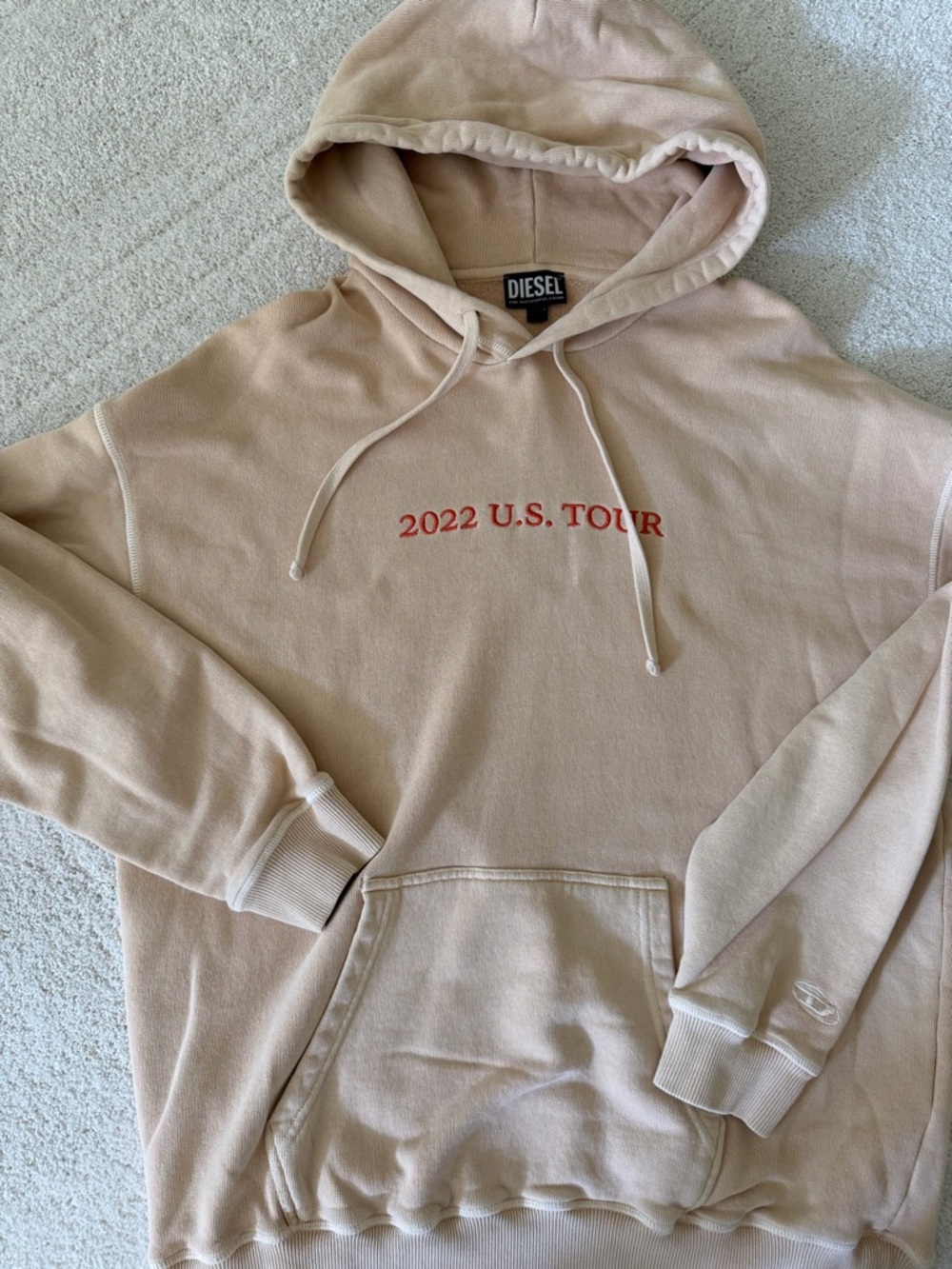 Diesel Men's Light Beige Hoodie with Red '2022 U.S. TOUR' Chest Print